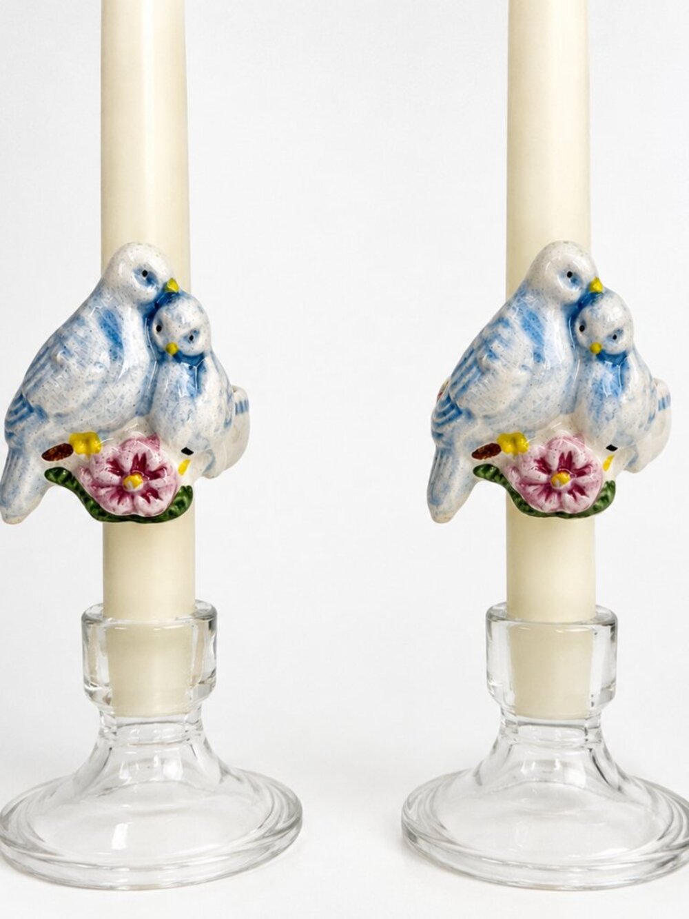 Avon Vintage Love Birds Taper Candle Huggers Pair Ceramic Floral 1983